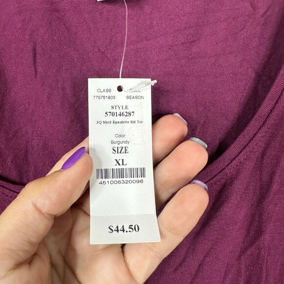2/$30 White House Black Market 3/4 Sleeve Epaulette Solid Tee Burgundy XL #A0729 - Picture 7 of 8